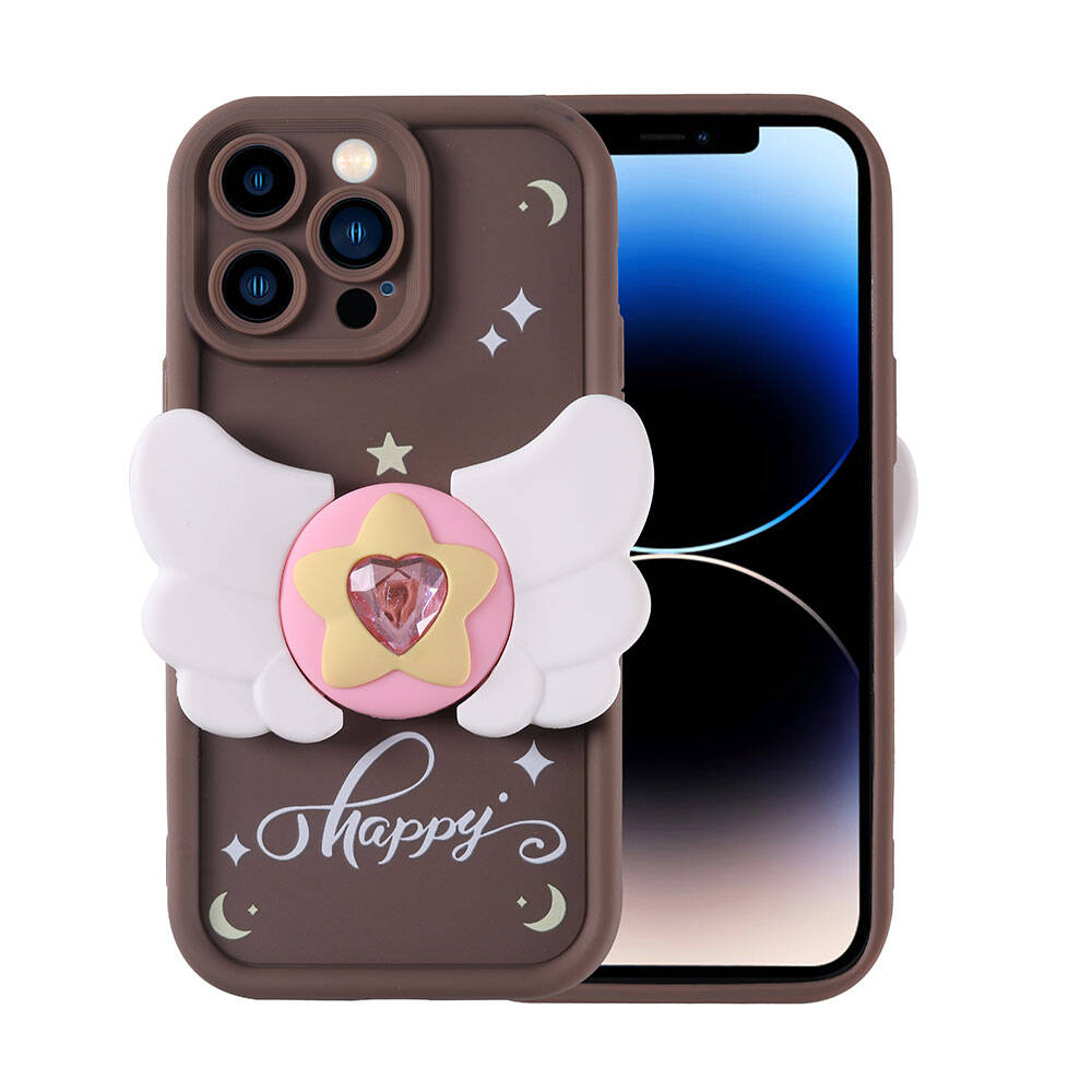 iPhone Uyumlu 14 Pro Kılıf Kamera Korumalı Figür Tasarımlı Zore Kapya Kapak-Koyu kahve