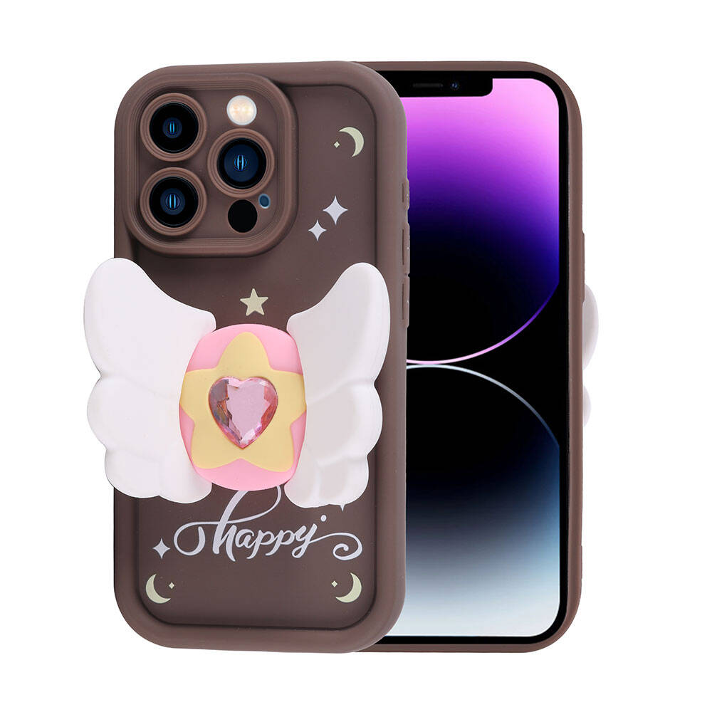 iPhone Uyumlu 14 Pro Max Kılıf Kamera Korumalı Figür Tasarımlı Zore Kapya Kapak-Koyu kahve