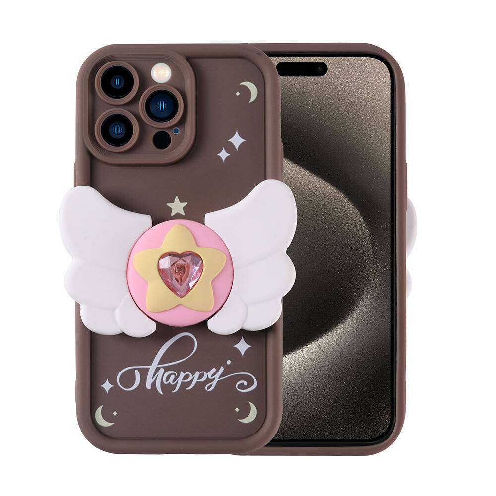 iPhone Uyumlu 15 Pro Kılıf Kamera Korumalı Figür Tasarımlı Zore Kapya Kapak-Koyu kahve