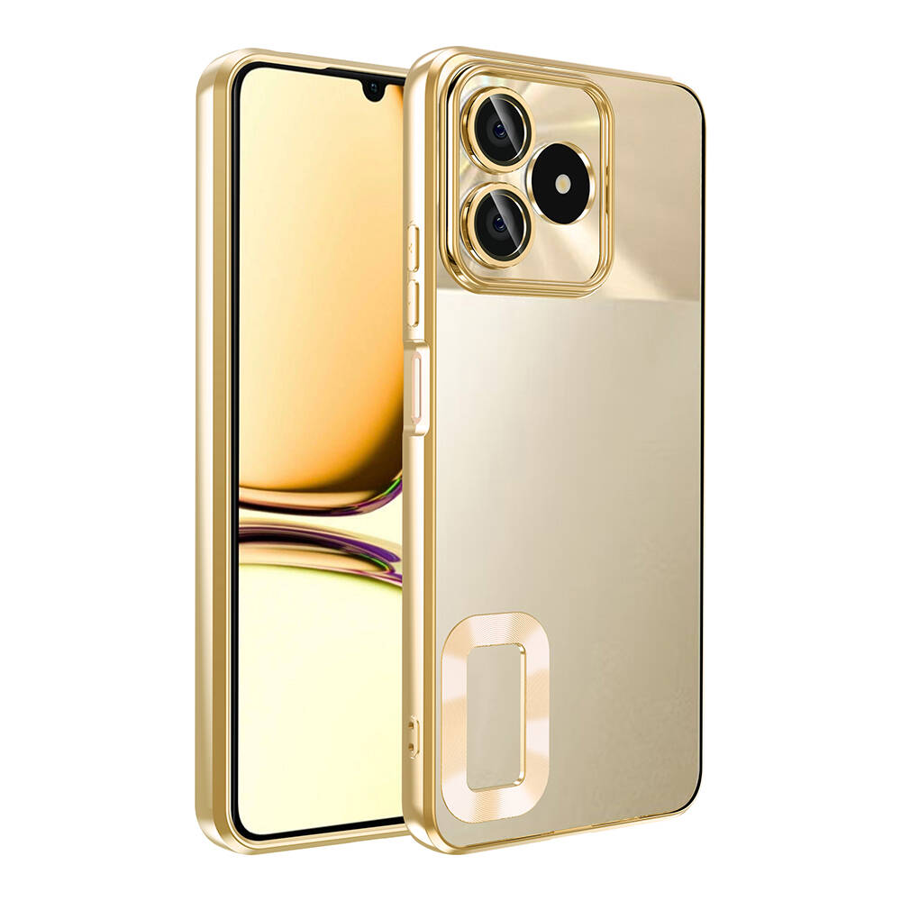 Realme C53 Kılıf Kamera Korumalı Logo Gösteren Zore Omega Kapak-Gold