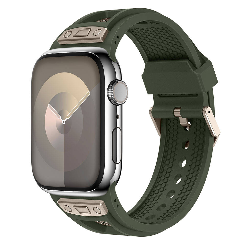 Watch 44mm Zore KRD-117 Hava Alabilen Delikli Metal Süslemeli Desenli Silikon Kordon-Titanyum-yeşil