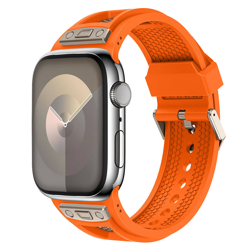 Watch 7 45mm Zore KRD-117 Hava Alabilen Delikli Metal Süslemeli Desenli Silikon Kordon-Titanyum-turuncu