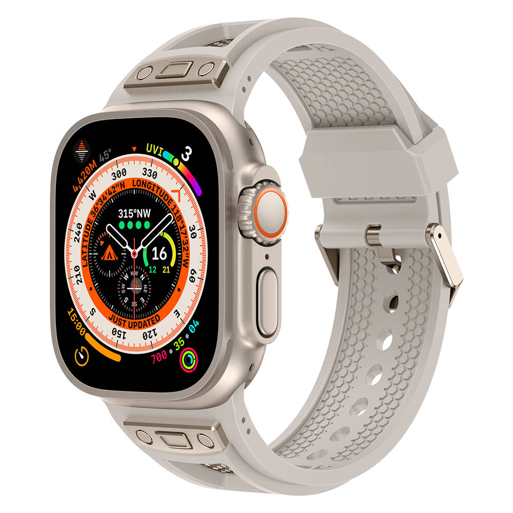 Watch Ultra 49mm Zore KRD-117 Hava Alabilen Delikli Metal Süslemeli Desenli Silikon Kordon-Titanyum-starlight