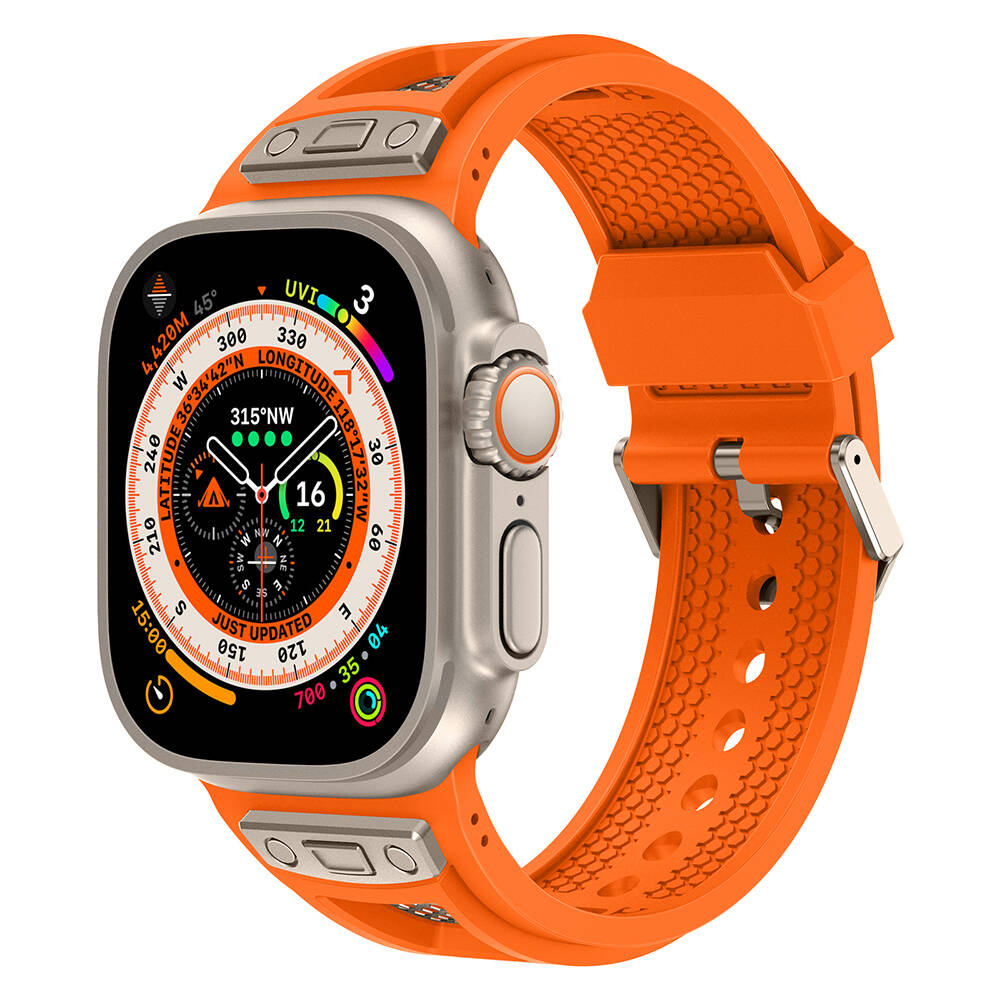 Watch Ultra 49mm Zore KRD-117 Hava Alabilen Delikli Metal Süslemeli Desenli Silikon Kordon-Titanyum-turuncu