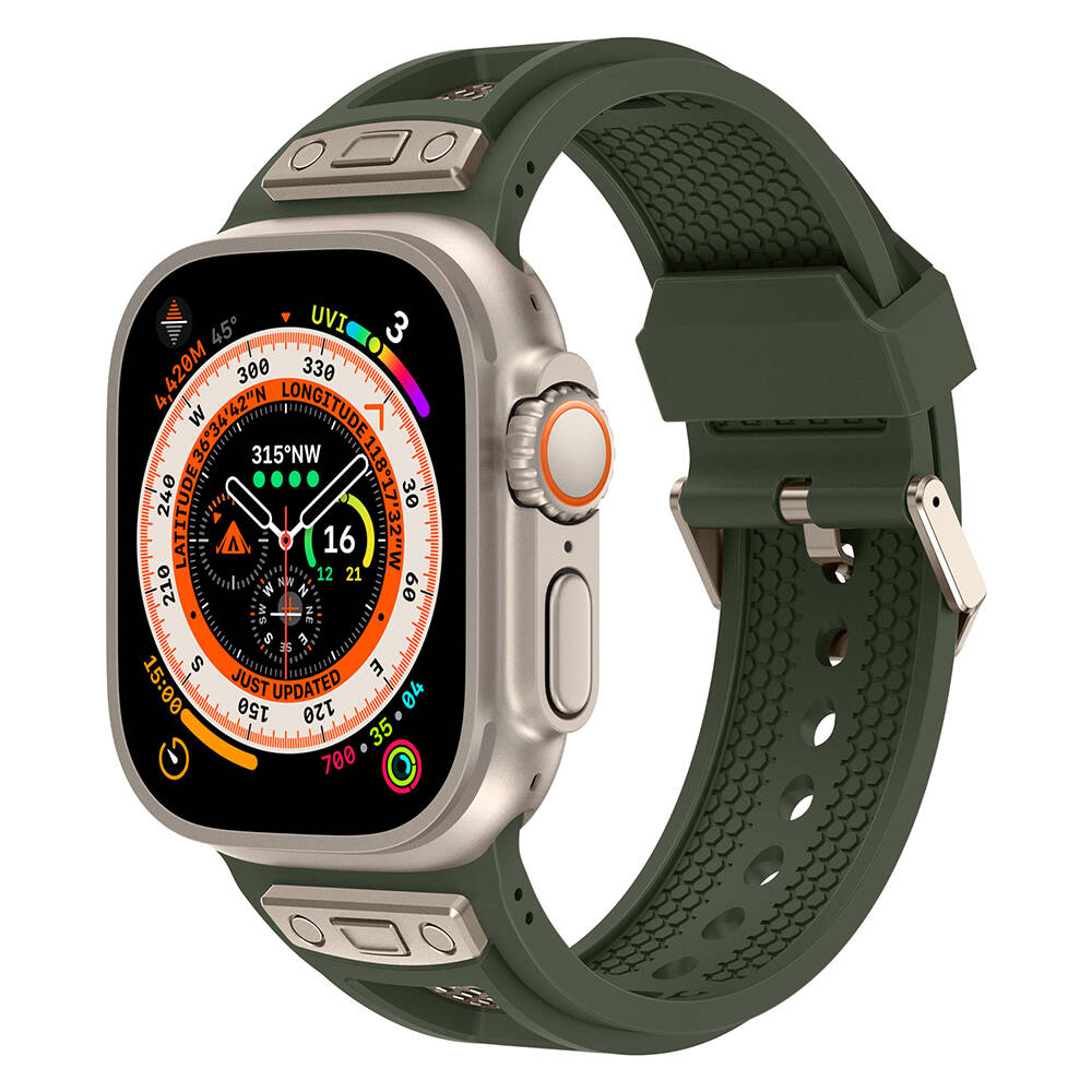 Watch Ultra 49mm Zore KRD-117 Hava Alabilen Delikli Metal Süslemeli Desenli Silikon Kordon-Titanyum-yeşil