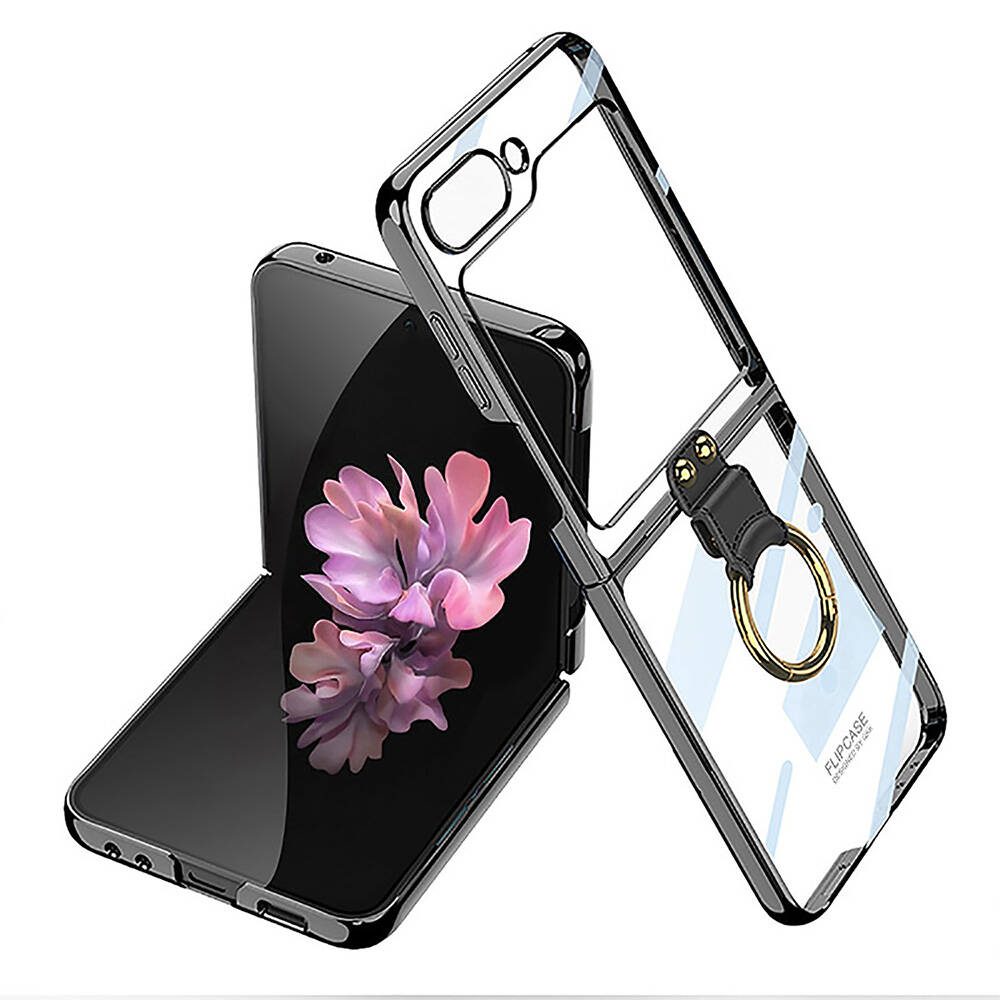 Galaxy Uyumlu Z Flip 6 Kılıf Zore Yüzüklü Kıpta Kapak-Siyah