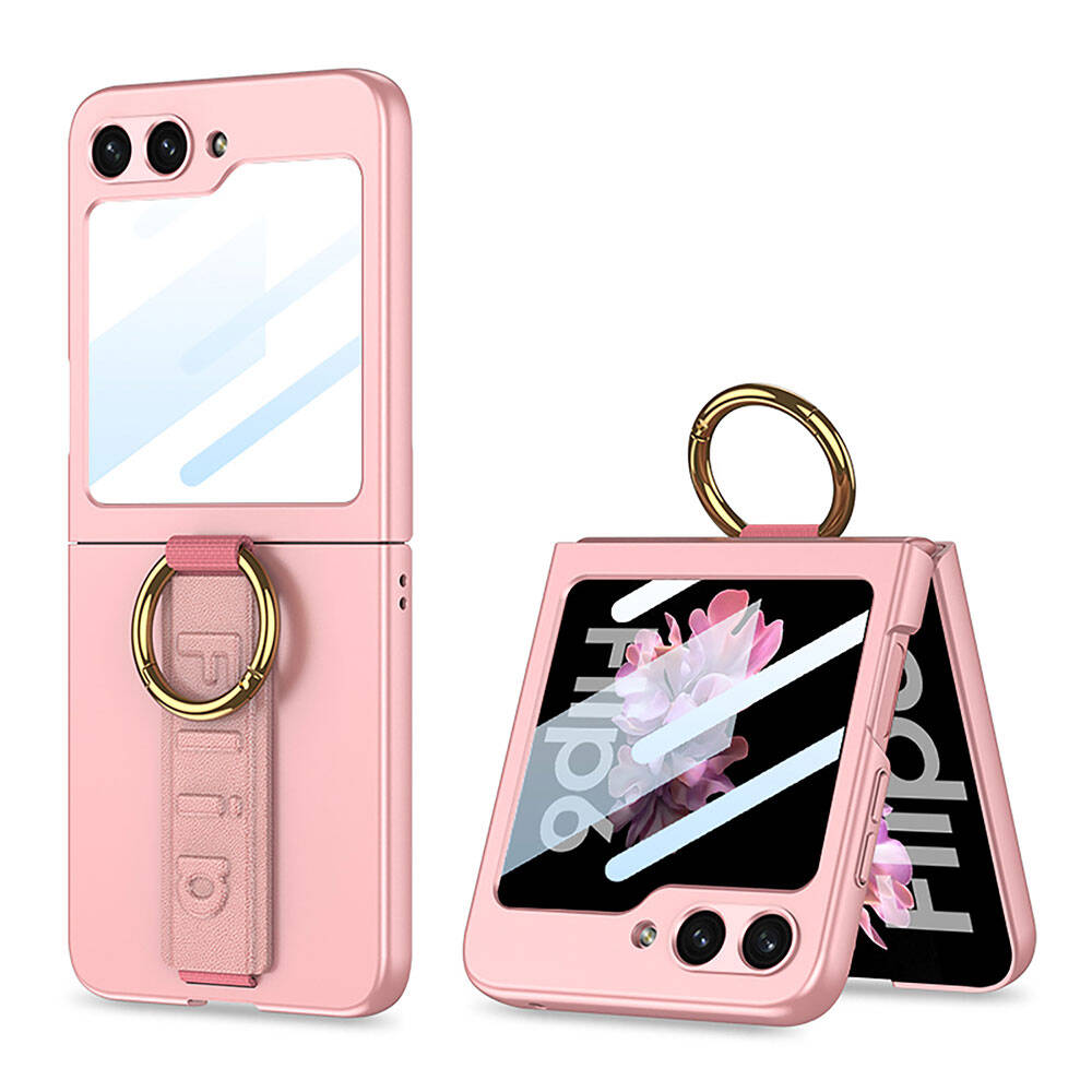 Galaxy Uyumlu Z Flip 6 Kılıf Kamera Korumalı Yüzüklü Zore Flip Ring Kıpta Kapak-Pembe