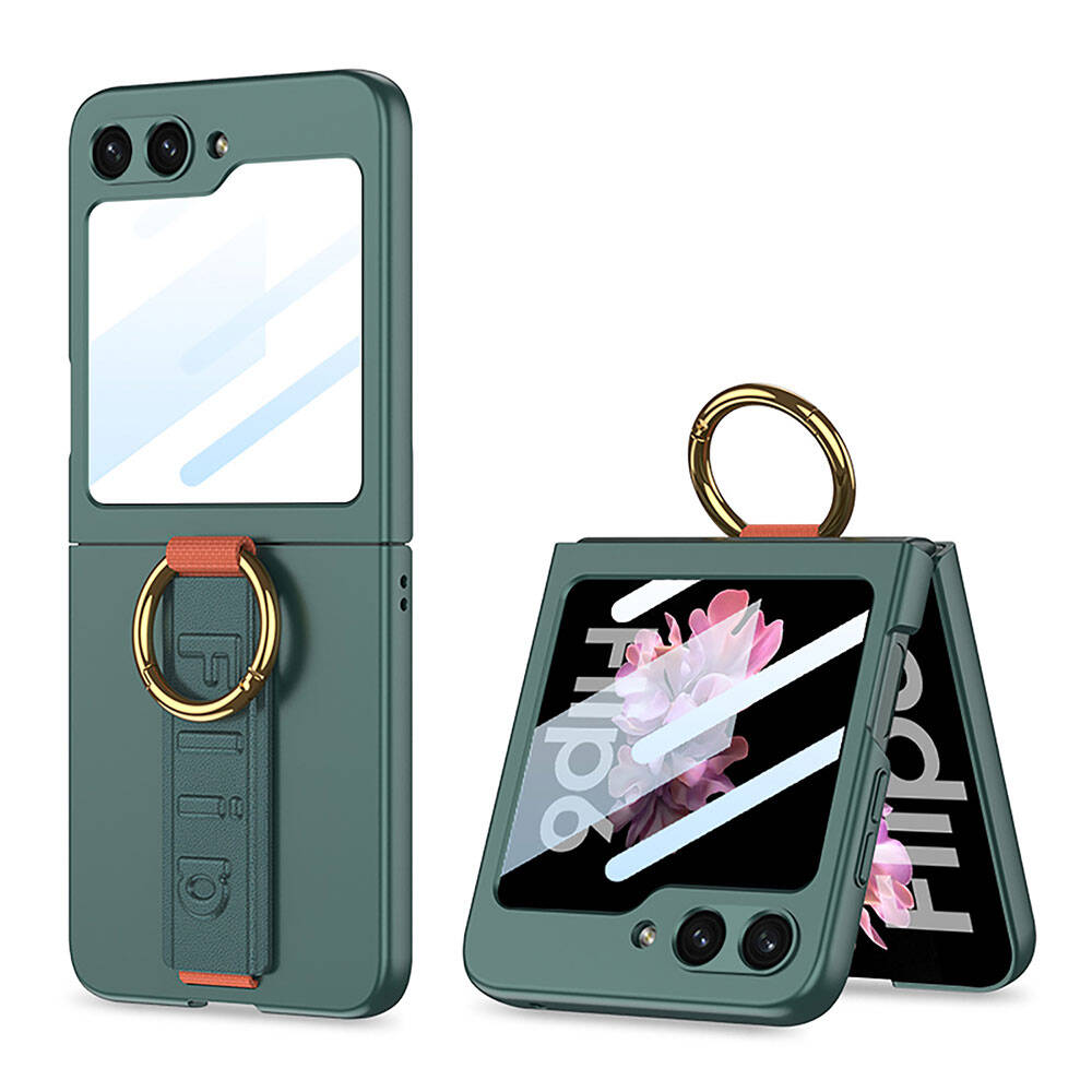 Galaxy Uyumlu Z Flip 6 Kılıf Kamera Korumalı Yüzüklü Karbon Tasarımlı Zore Flip Ring Kıpta Kapak-Gri-yeşil