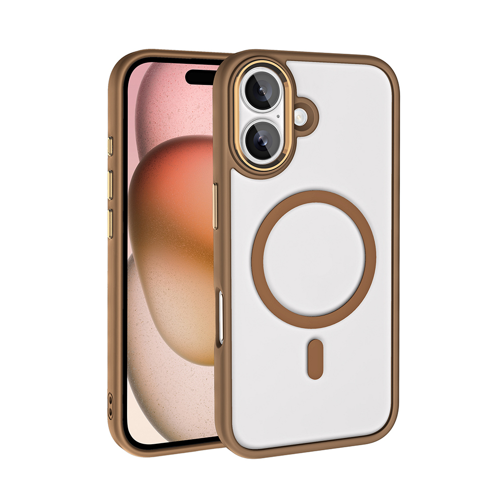 iPhone Uyumlu 16 Kılıf Wireless Şarj Özellikli Zore Krom M-safe Silikon Kapak-Rose brown