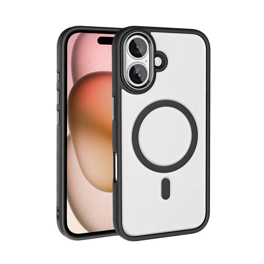 iPhone Uyumlu 16 Plus Kılıf Wireless Şarj Özellikli Zore Krom M-safe Silikon Kapak-Siyah