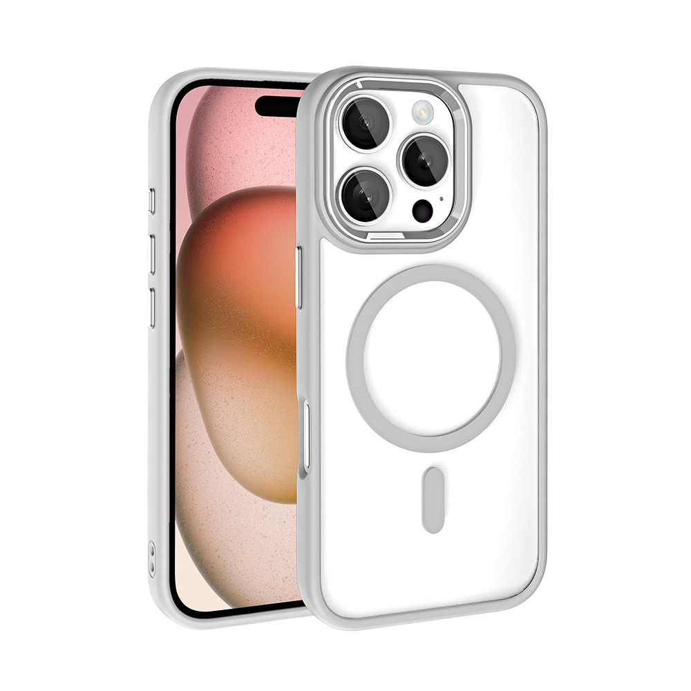 iPhone Uyumlu 16 Pro Kılıf Wireless Şarj Özellikli Zore Krom M-safe Silikon Kapak-Gümüş