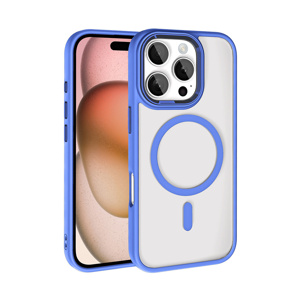 iPhone Uyumlu 16 Pro Kılıf Wireless Şarj Özellikli Zore Krom M-safe Silikon Kapak-Mavi