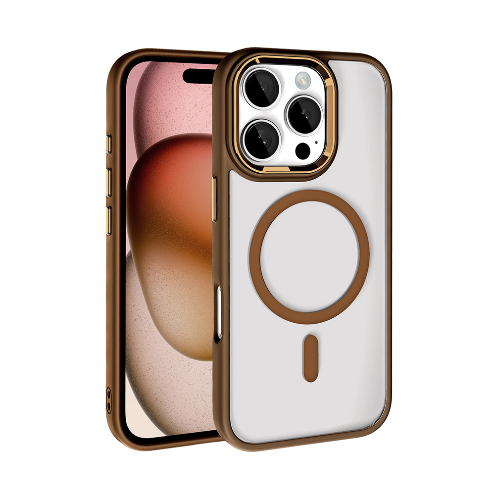 iPhone Uyumlu 16 Pro Kılıf Wireless Şarj Özellikli Zore Krom M-safe Silikon Kapak-Rose brown