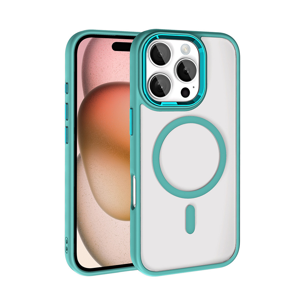 iPhone Uyumlu 16 Pro Max Kılıf Wireless Şarj Özellikli Zore Krom M-safe Silikon Kapak-Yeşil
