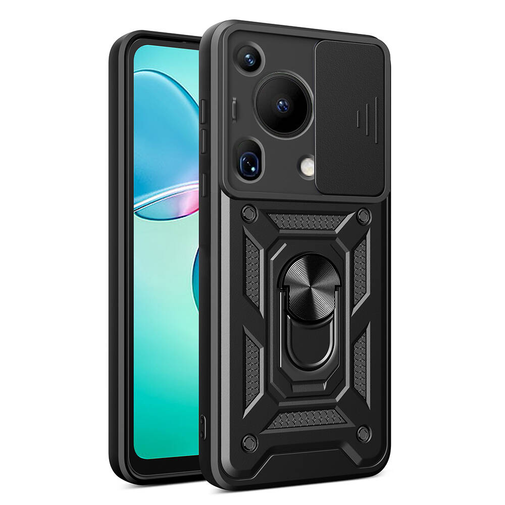 Huawei Uyumlu Pura 70 Ultra Kılıf Magnetik Standlı Kamera Korumalı Zore Sürgülü Vega Kapak-Siyah