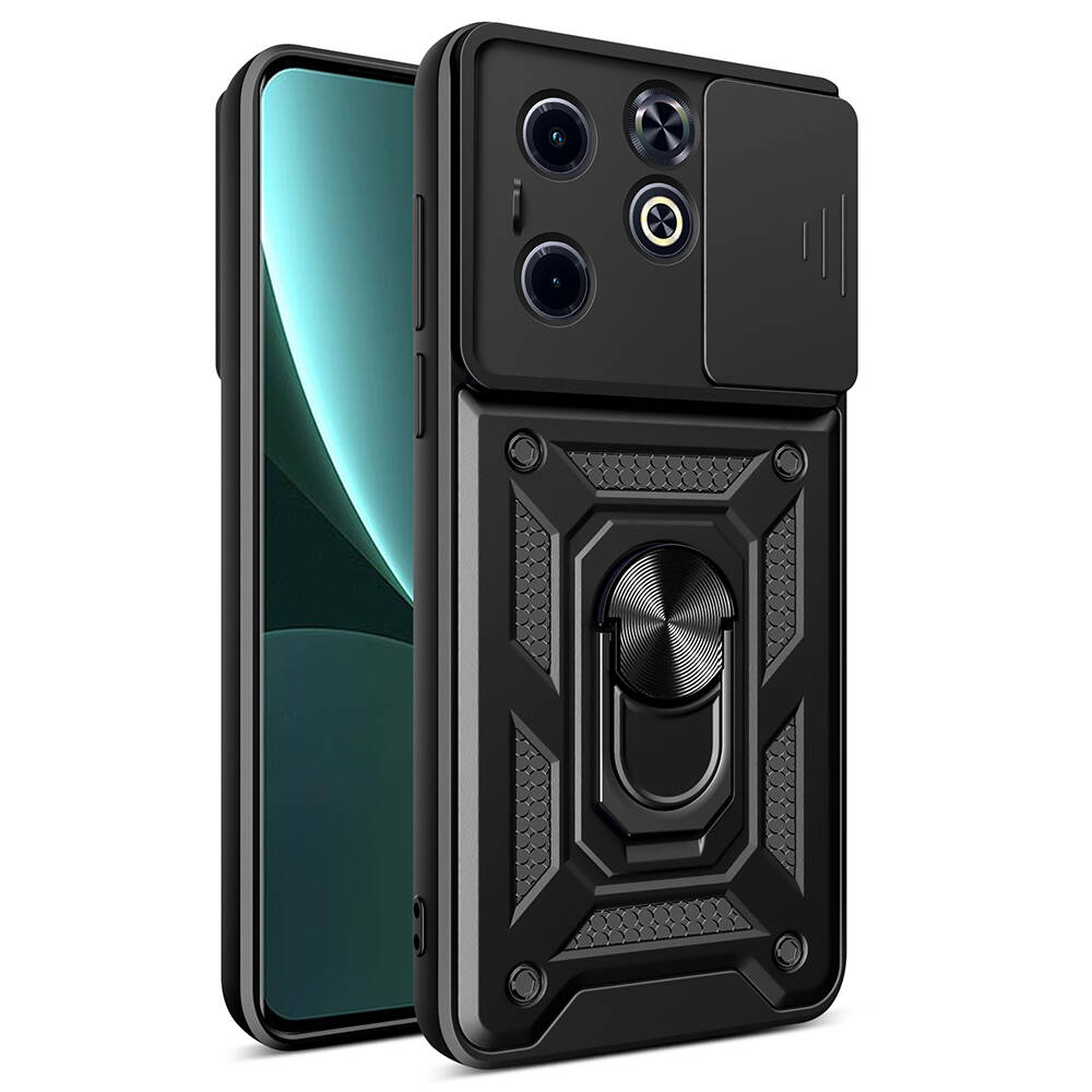 İnfinix Hot 40i Kılıf Magnetik Standlı Kamera Korumalı Zore Sürgülü Vega Kapak-Siyah