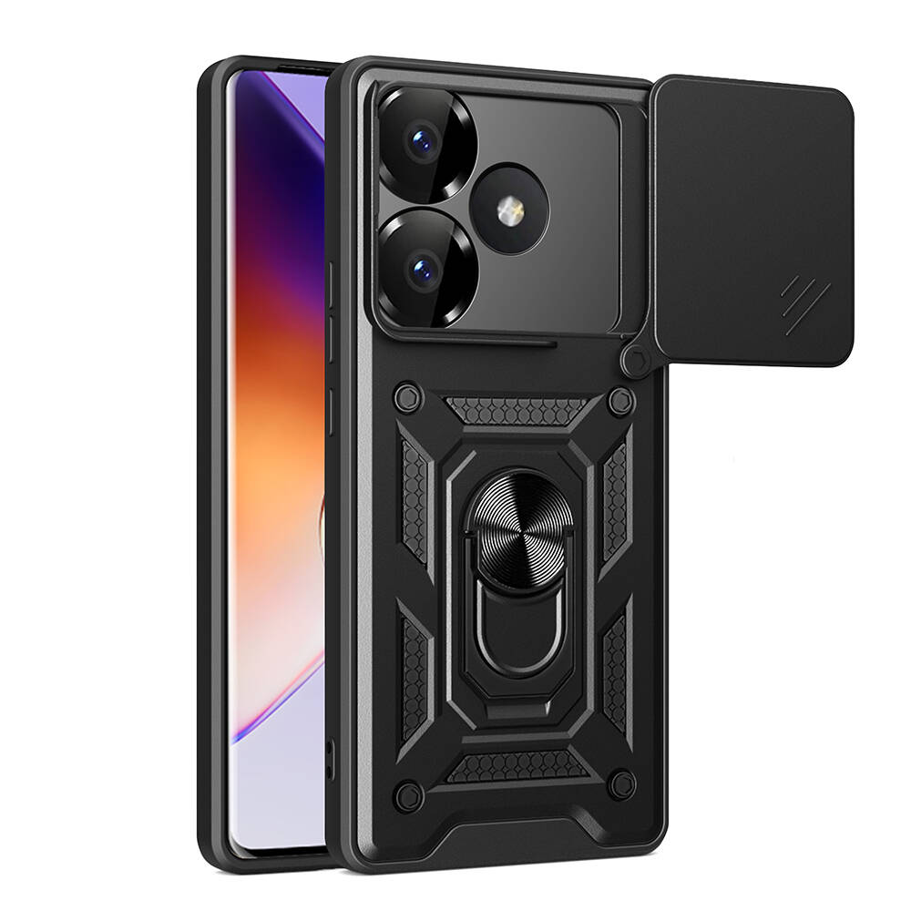 Xiaomi Uyumlu  Poco F6 Kılıf Magnetik Standlı Kamera Korumalı Zore Sürgülü Vega Kapak-Siyah