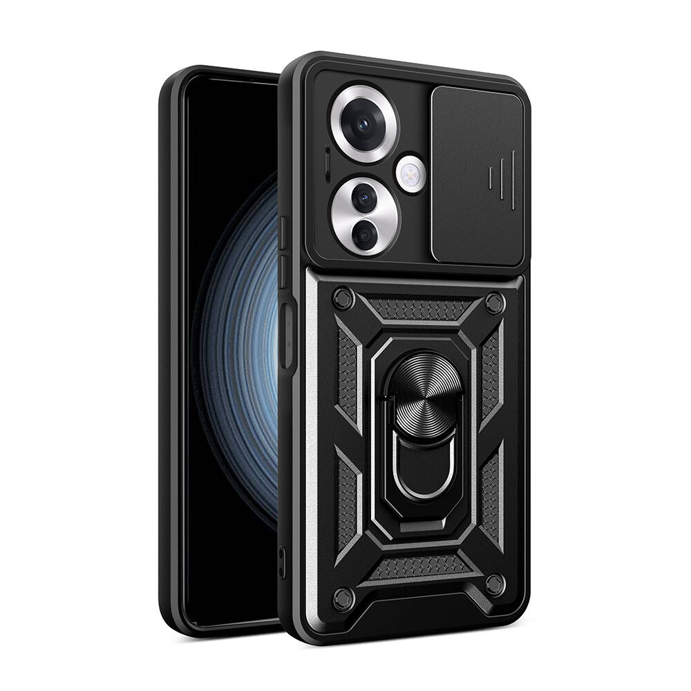 Oppo Reno 11F 5G Kılıf Magnetik Standlı Kamera Korumalı Zore Sürgülü Vega Kapak-Siyah