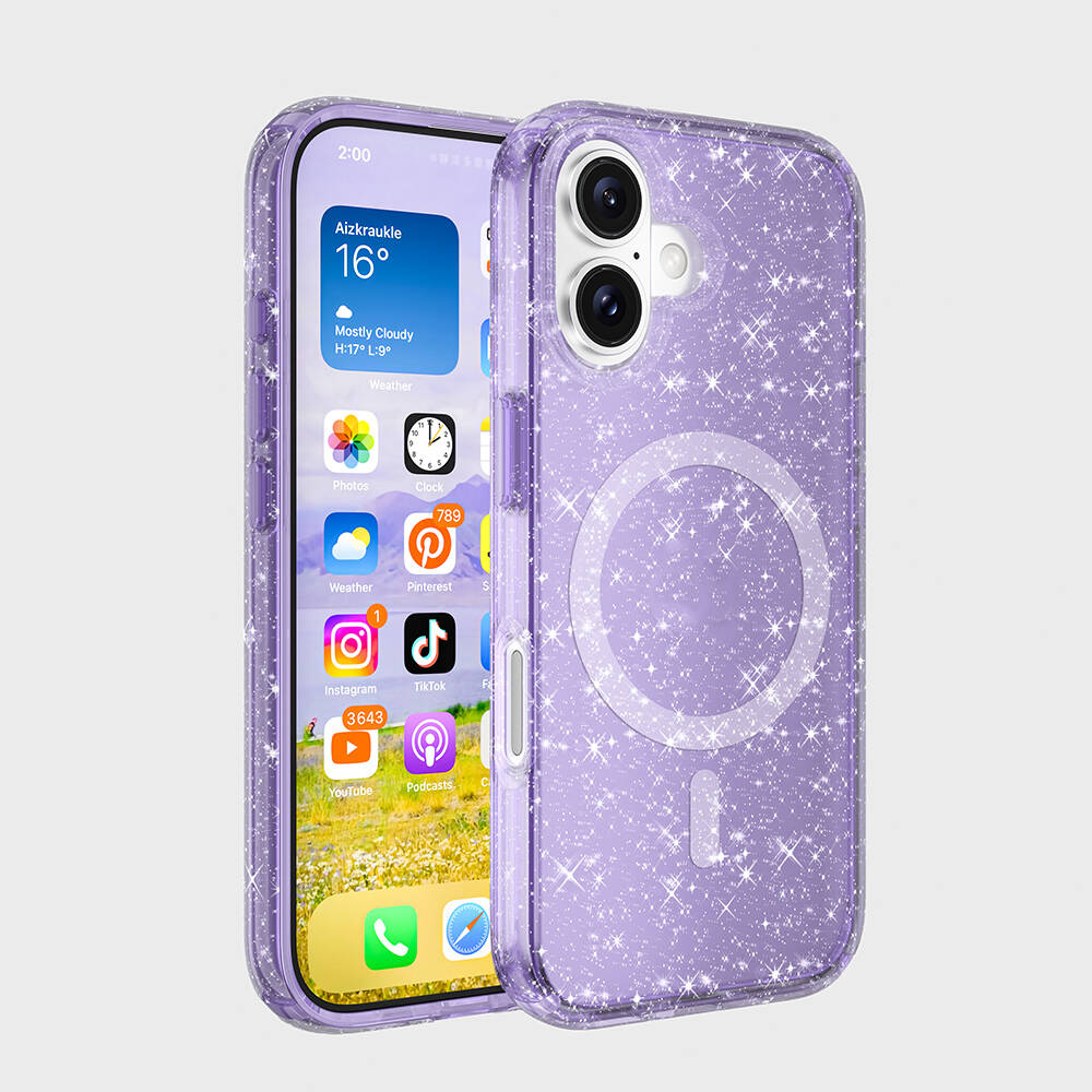 iPhone Uyumlu 16 Kılıf M-safe Şarj Özellikli Parlayan Simli Saydam Renkli Zore Allstar Kapak-Mor