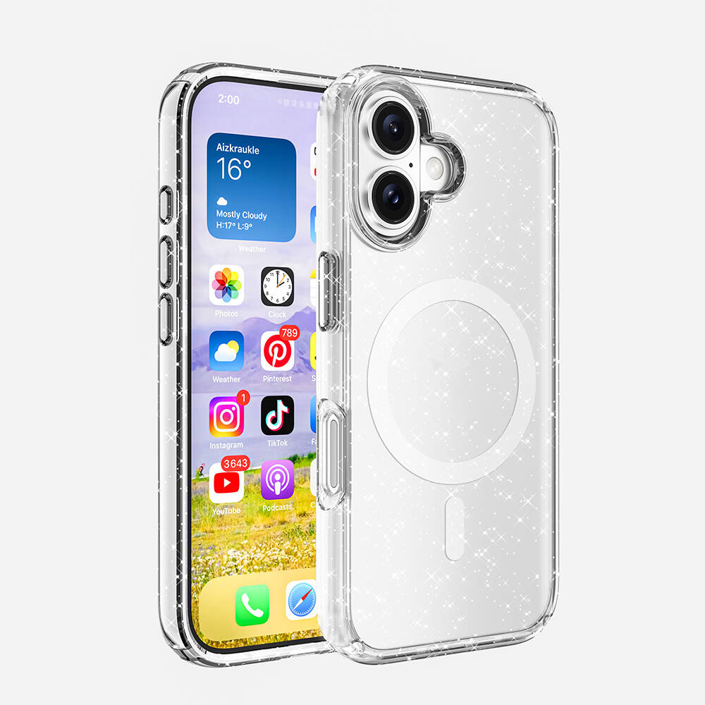 iPhone Uyumlu 16 Plus Kılıf M-safe Şarj Özellikli Parlayan Simli Saydam Renkli Zore Allstar Kapak