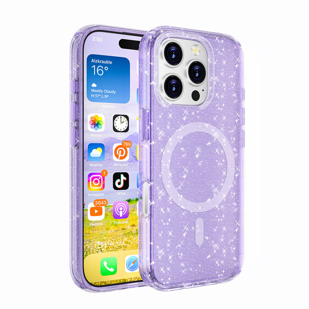 iPhone Uyumlu 16 Pro Max Kılıf M-safe Şarj Özellikli Parlayan Simli Saydam Renkli Zore Allstar Kapak-Mor