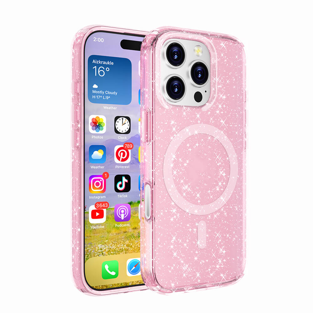 iPhone Uyumlu 16 Pro Max Kılıf M-safe Şarj Özellikli Parlayan Simli Saydam Renkli Zore Allstar Kapak-Pembe