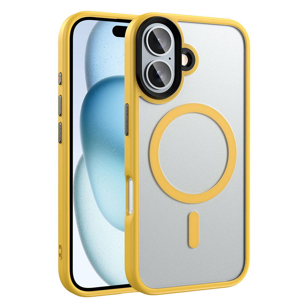 iPhone Uyumlu 16 Kılıf Mat Arka Yüzey Wireless Şarj Özellikli Zore Flet M-safe Kapak-Sarı