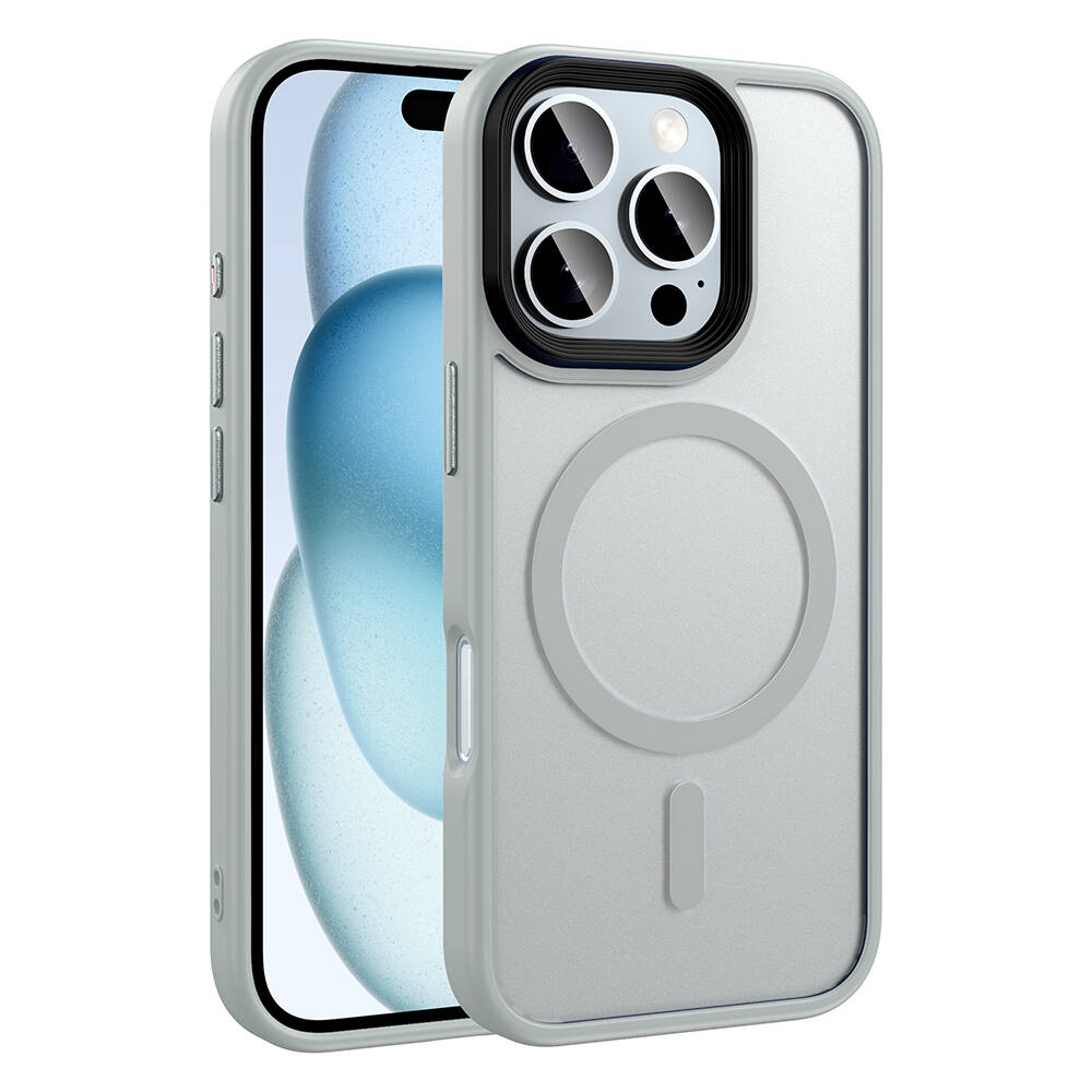 iPhone Uyumlu 16 Pro Max Kılıf Mat Arka Yüzey Wireless Şarj Özellikli Zore Flet M-safe Kapak-Gümüş