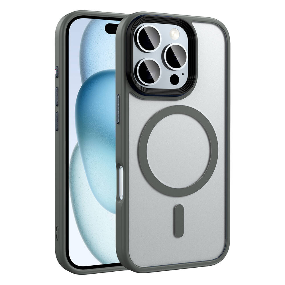 iPhone Uyumlu 16 Pro Max Kılıf Mat Arka Yüzey Wireless Şarj Özellikli Zore Flet M-safe Kapak-Titanyum-gri
