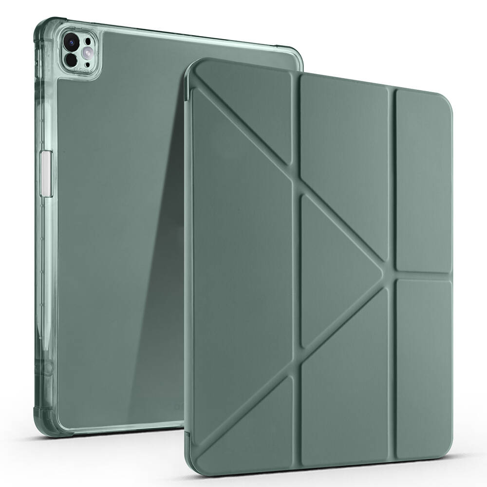 iPad Uyumlu Pro 13 2024 Kılıf Zore Tri Folding Kalem Bölmeli Standlı Kılıf-Koyu yeşil