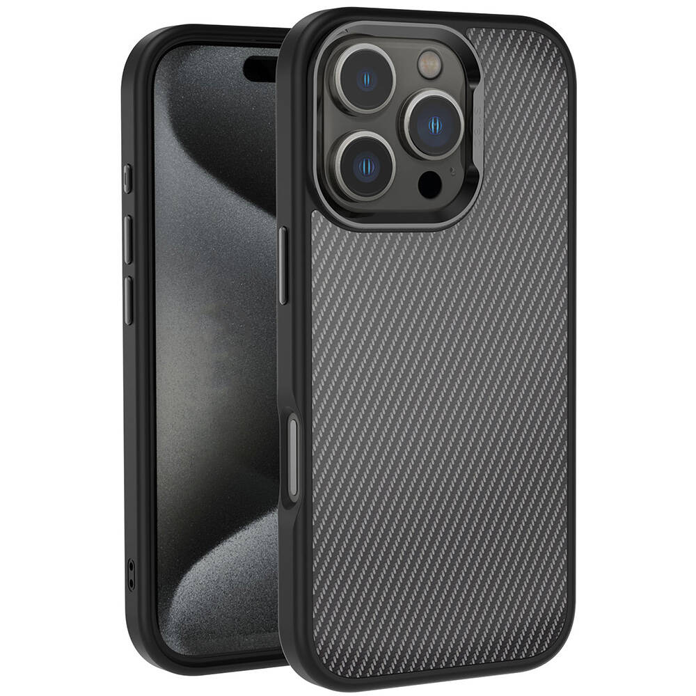 iPhone Uyumlu 16 Pro Max Kılıf Karbon Fiber Görünümlü Parlak Kamera Çerçeveli Zore Venus Kapak-Siyah