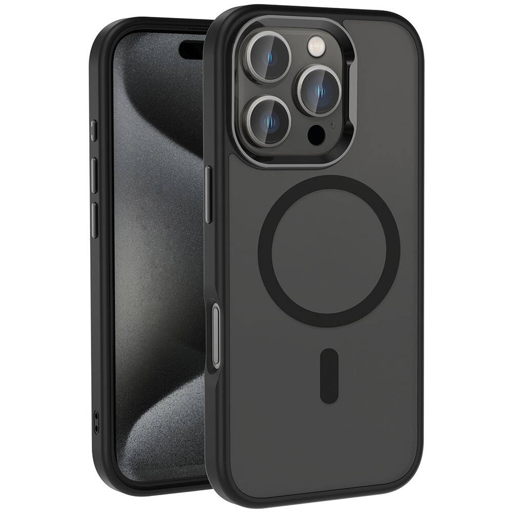 iPhone Uyumlu 16 Pro Max Kılıf M-safe Şarj Özellikli Parlak Kamera Çerçeveli Zore Kost Kapak-Siyah