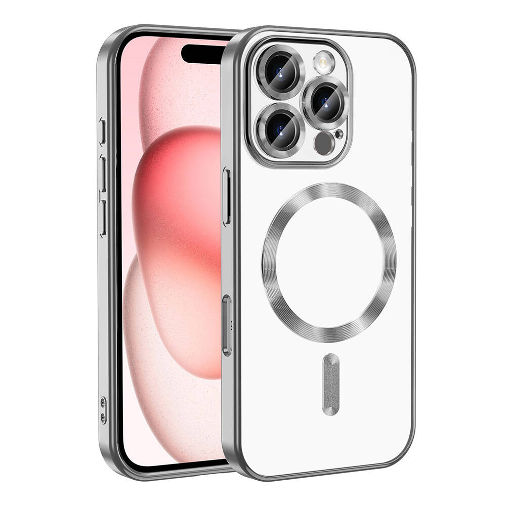 iPhone Uyumlu 16 Pro Max Kılıf Kamera Korumalı M-safe Wireless Şarj Özellikli Zore Demre Kapak-Gümüş