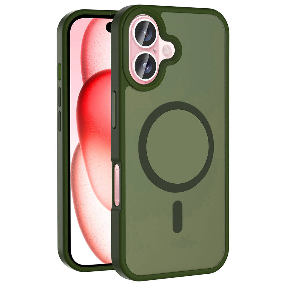 iPhone Uyumlu 16 Kılıf M-safe Şarj Özellikli Mat Arka Yüzey Zore Sio Kapak-Koyu yeşil