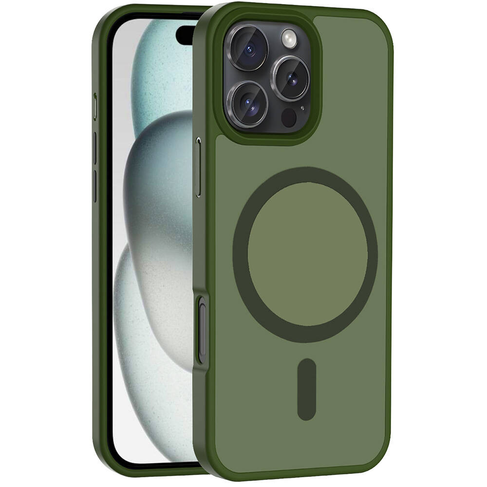 iPhone Uyumlu 16 Pro Kılıf M-safe Şarj Özellikli Mat Arka Yüzey Zore Sio Kapak-Koyu yeşil