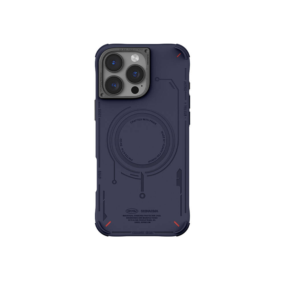 iPhone Uyumlu 16 Pro Kılıf M-safe Şarj Özellikli Metal Kamera Çerçeveli Skinarma Mecha Serisi Kapak-Mavi