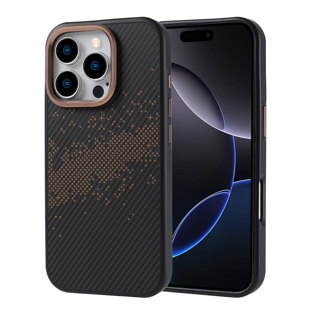 iPhone Uyumlu 16 Pro Kılıf M-safe Şarj Özellikli Karbon Fiber Tasarımlı Zore Vave Kapak-Gold