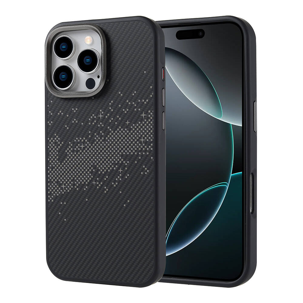 iPhone Uyumlu 16 Pro Max Kılıf M-safe Şarj Özellikli Karbon Fiber Tasarımlı Zore Vave Kapak-Gri