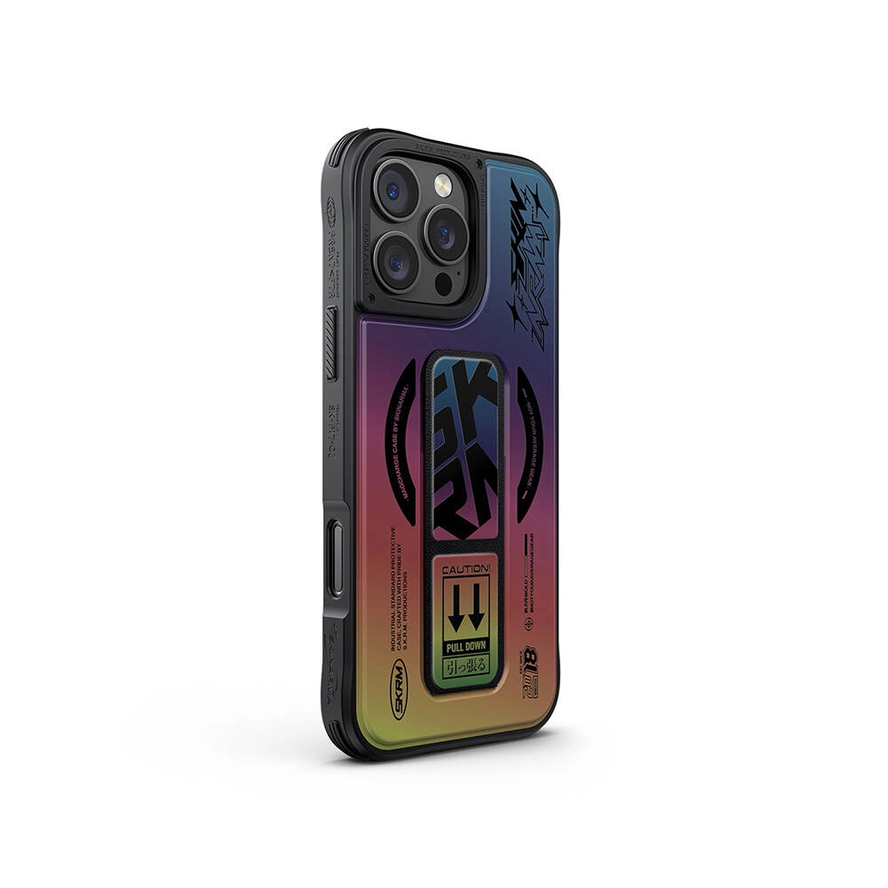 iPhone Uyumlu 16 Pro Max Kılıf M-safe Şarj Özellikli Holografik Tasarımlı Standlı Deri Görünümlü Skinarma Kira Kobai Kapak