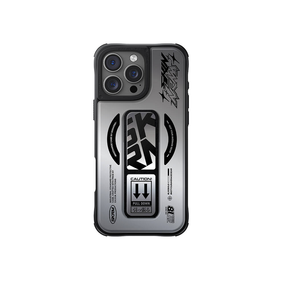 iPhone Uyumlu 16 Pro Max Kılıf M-safe Şarj Özellikli Holografik Tasarımlı Standlı Deri Görünümlü Skinarma Kira Kobai Kapak-Gümüş