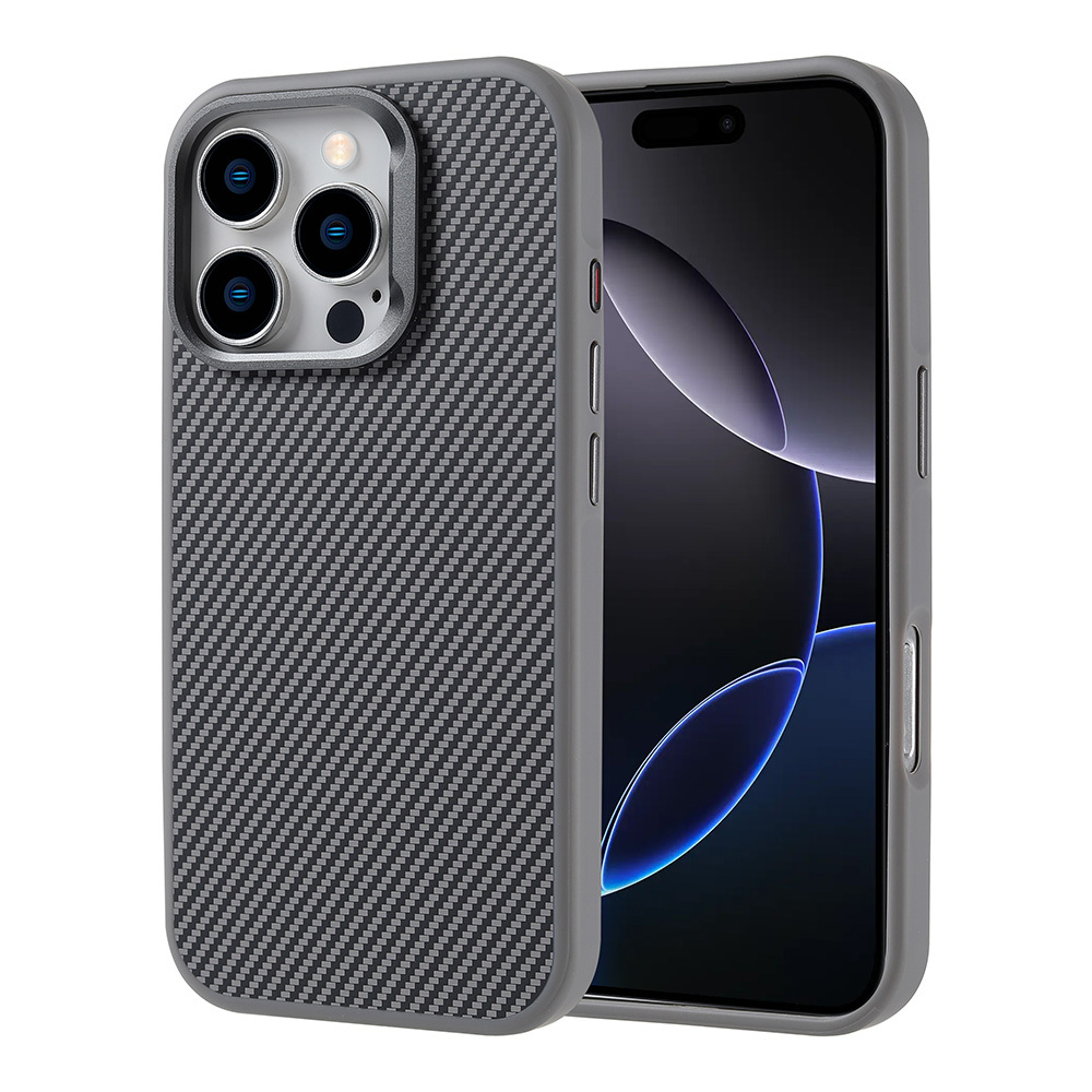 iPhone Uyumlu 16 Pro Kılıf M-safe Şarj Özellikli Karbon Fiber Görünümlü Zore Troy Kapak-Gümüş