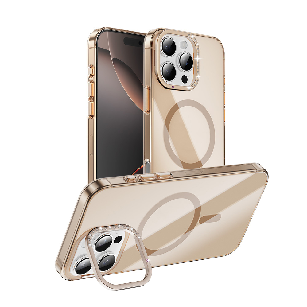 iPhone Uyumlu 16 Pro Max Kılıf M-safe Şarj Özellikli Kamera Standlı Zore Estop Kapak-Gold