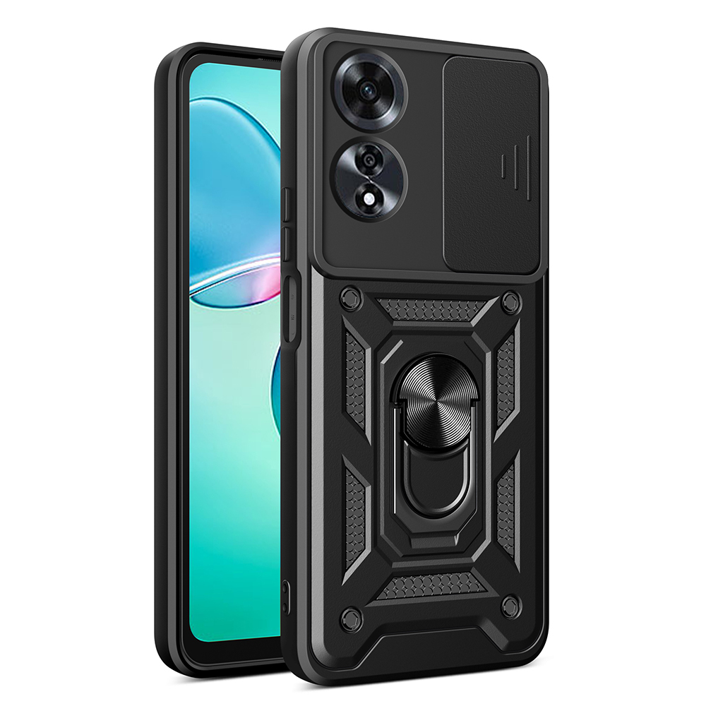 Oppo A60 Kılıf Magnetik Standlı Kamera Korumalı Zore Sürgülü Vega Kapak-Siyah