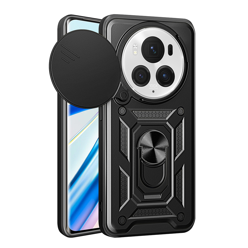 Honor Magic 6 Pro Kılıf Magnetik Standlı Kamera Korumalı Zore Sürgülü Vega Kapak-Siyah