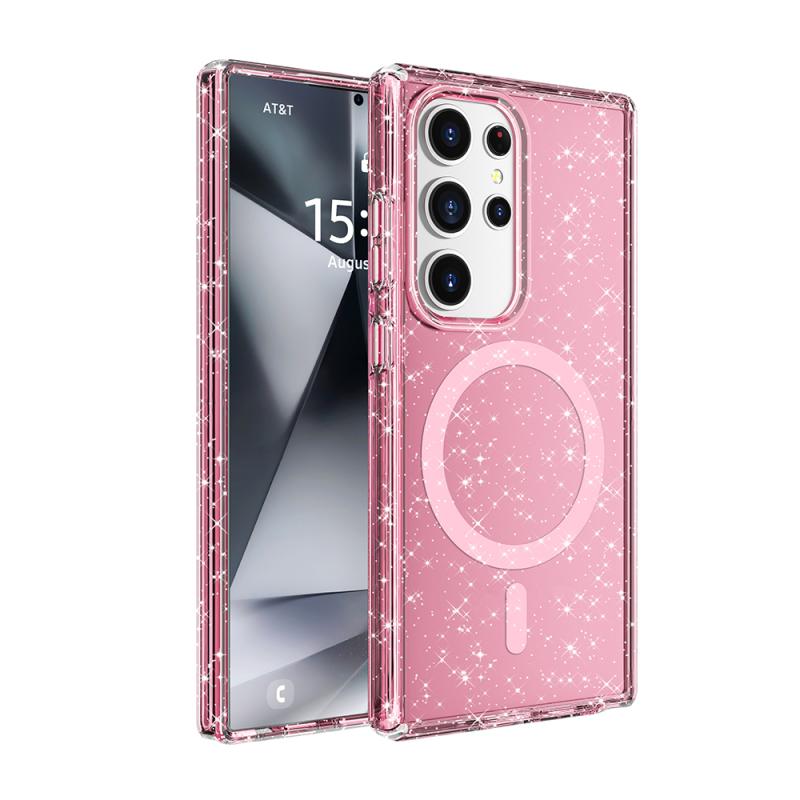 Galaxy Uyumlu S25 Ultra Kılıf M-safe Şarj Özellikli Parlayan Simli Saydam Renkli Zore Allstar Kapak-Pembe