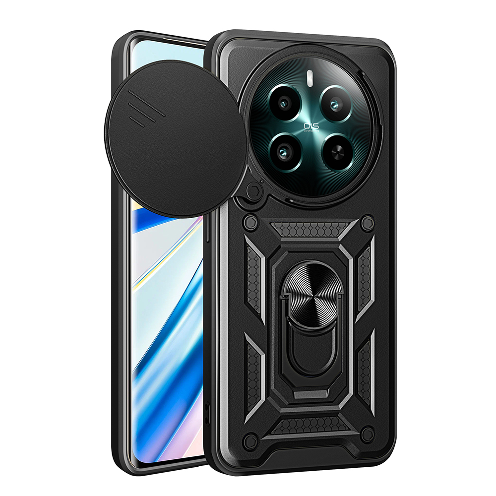 Realme 12 Plus Kılıf Magnetik Standlı Kamera Korumalı Zore Sürgülü Vega Kapak-Siyah