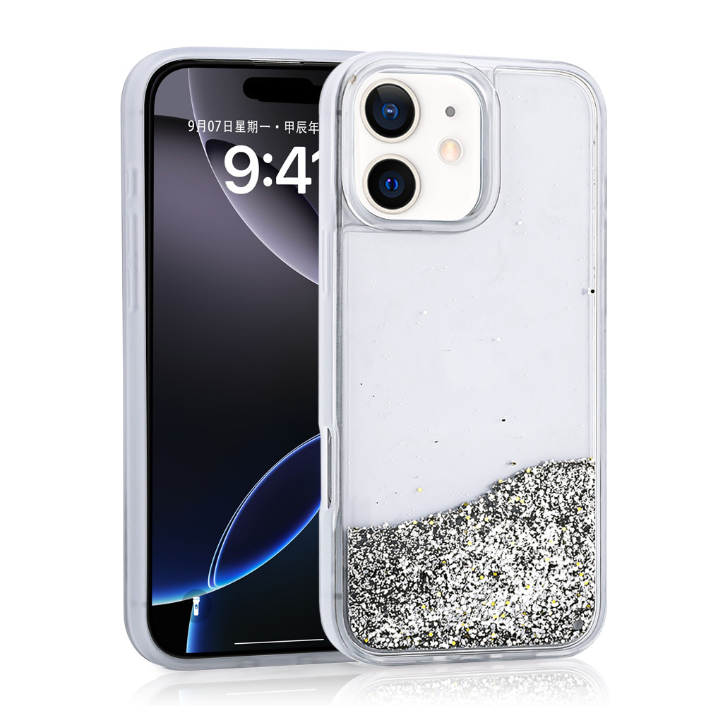 iPhone Uyumlu 12 Kılıf Sıvılı Simli Şeffaf Arka Yüzey Zore Keto Silikon Kapak-Gümüş