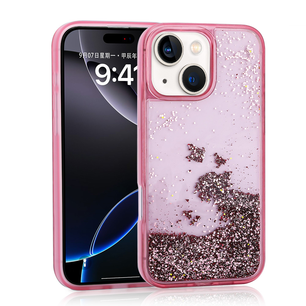 iPhone Uyumlu 14 Kılıf Sıvılı Simli Şeffaf Arka Yüzey Zore Keto Silikon Kapak-Pembe