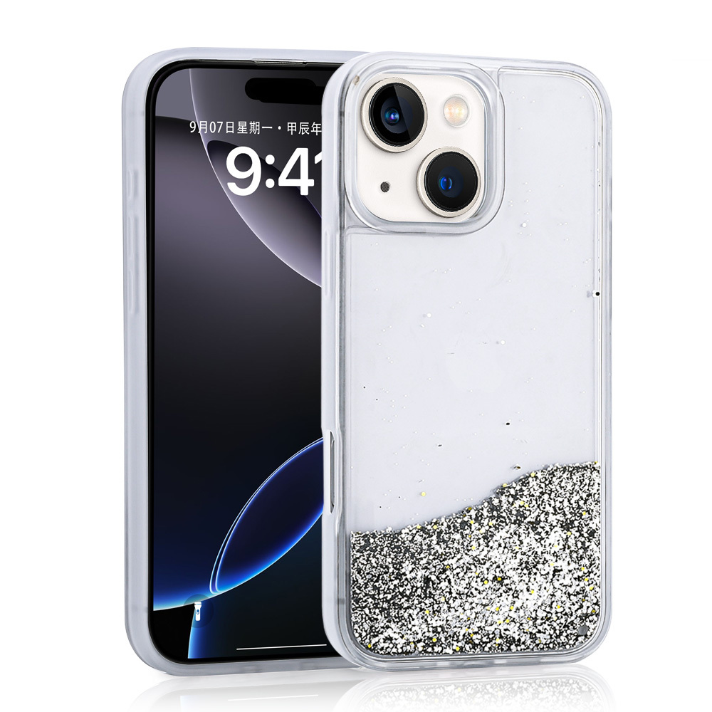 iPhone Uyumlu 15 Kılıf Sıvılı Simli Şeffaf Arka Yüzey Zore Keto Silikon Kapak-Gümüş
