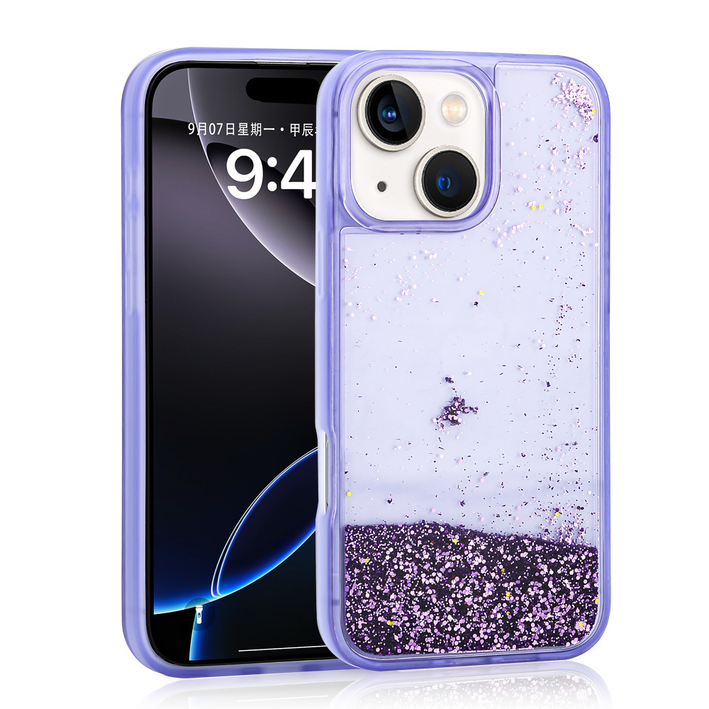 iPhone Uyumlu 15 Kılıf Sıvılı Simli Şeffaf Arka Yüzey Zore Keto Silikon Kapak-Mor